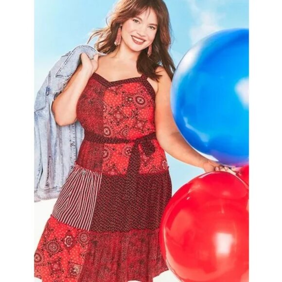 Lane Bryant Red Patchwork Sleeveless Dress 20 - Picture 1 of 16